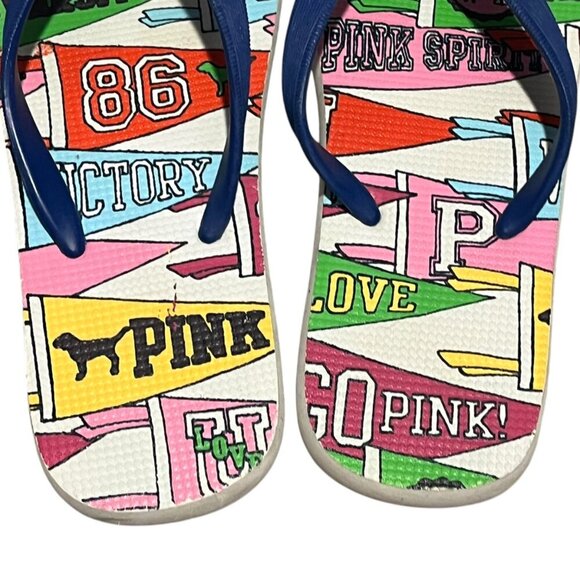 Pink Victoria's Secret Multi Color‎ Flip Flop Sandals Size 7 Vtg Love Pink Flags - Picture 3 of 4